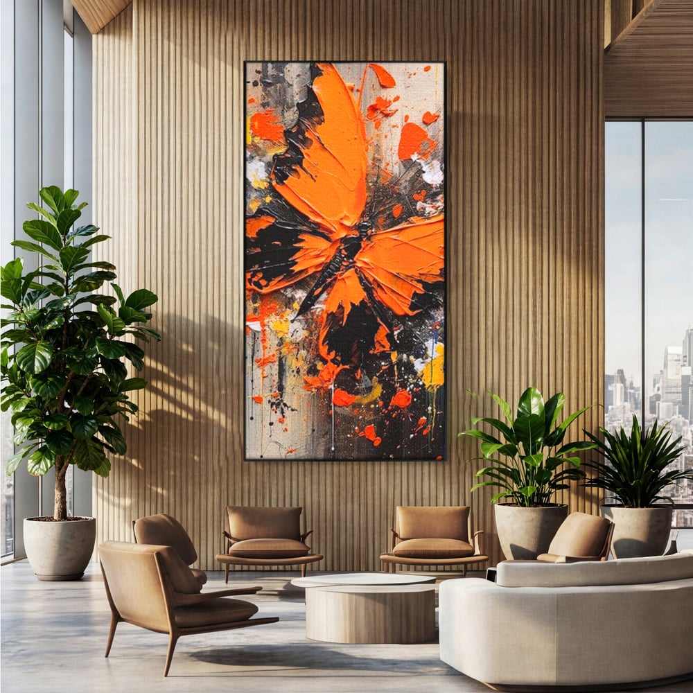 Tablou canvas cu tablou canvas cu fluture portocaliu pe fundal antracit, in rama de aluminiu negru, pe perete intr-un birou
